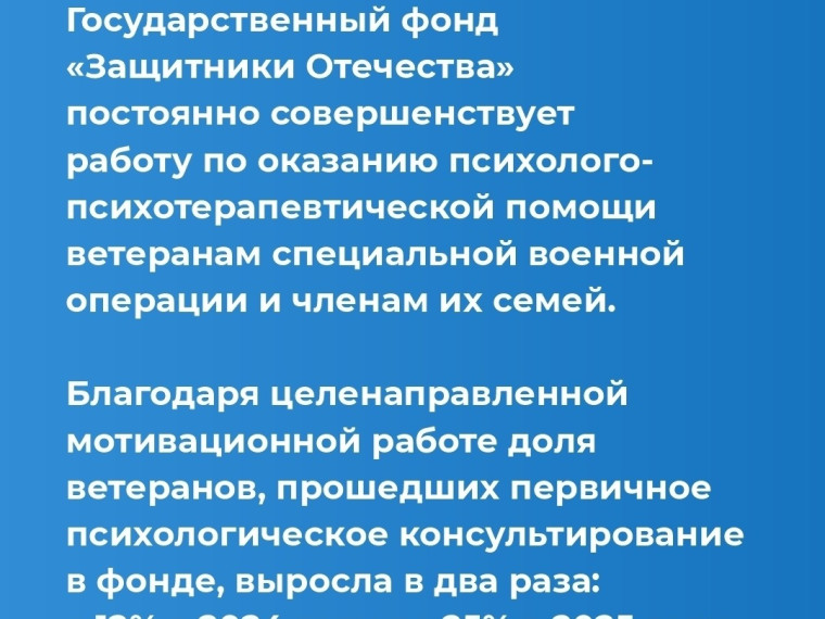 Психологическая помощь ветеранам СВО и их семьям от фонда «Защитники Отечества».